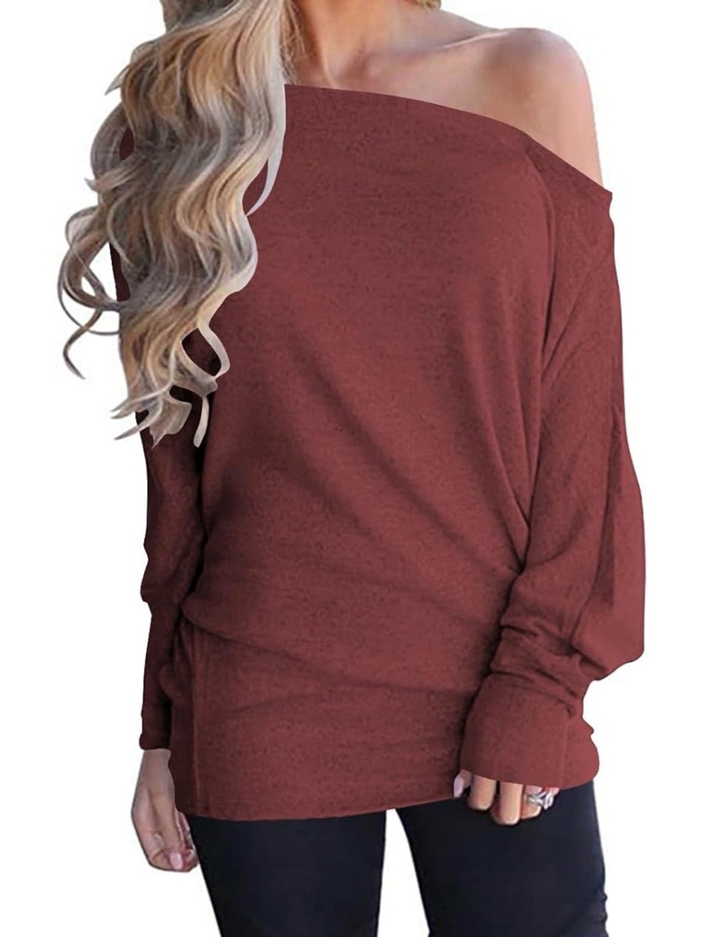 Off-Shoulder Long Sleeve Tunic Top - Brick Red